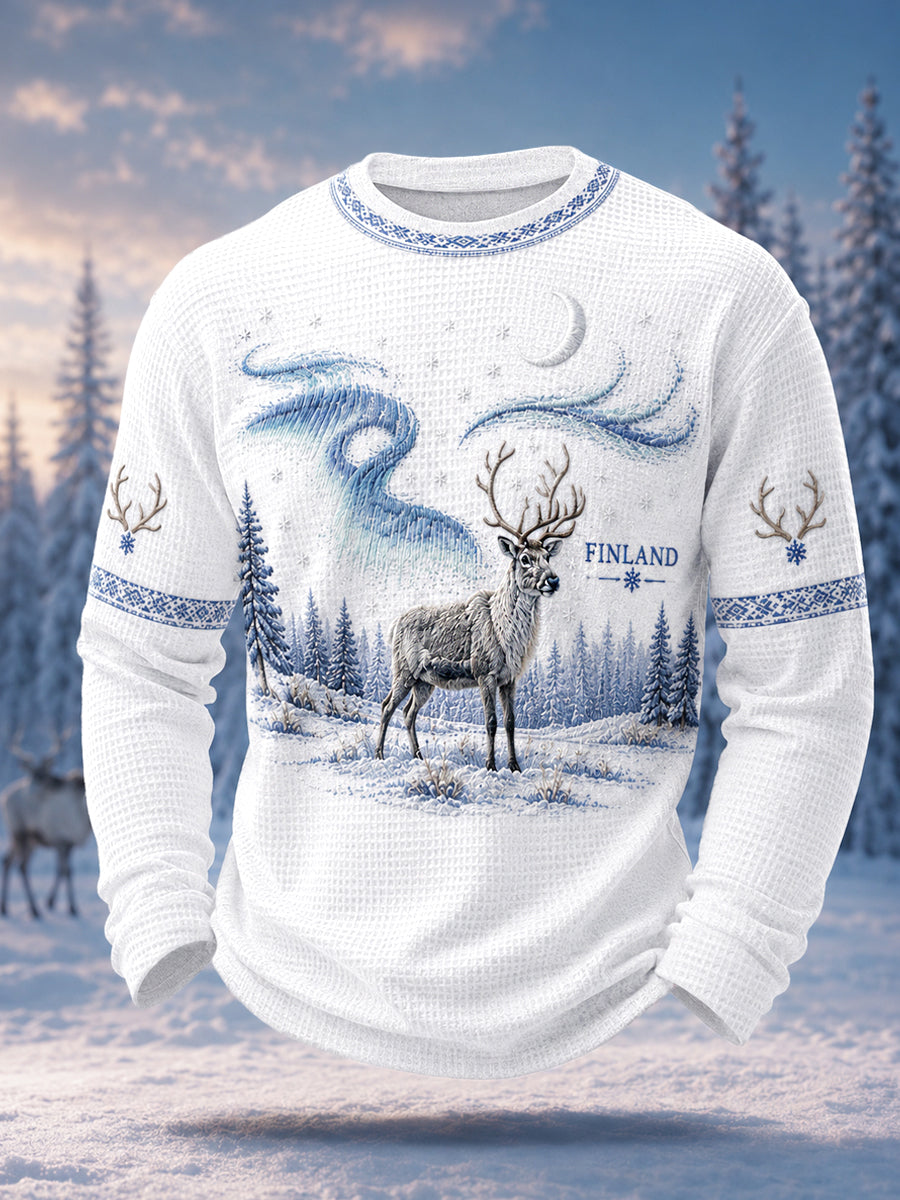 Mäns nordiska renarv Skriv ut Casual Våffle Lång ärm T-shirt