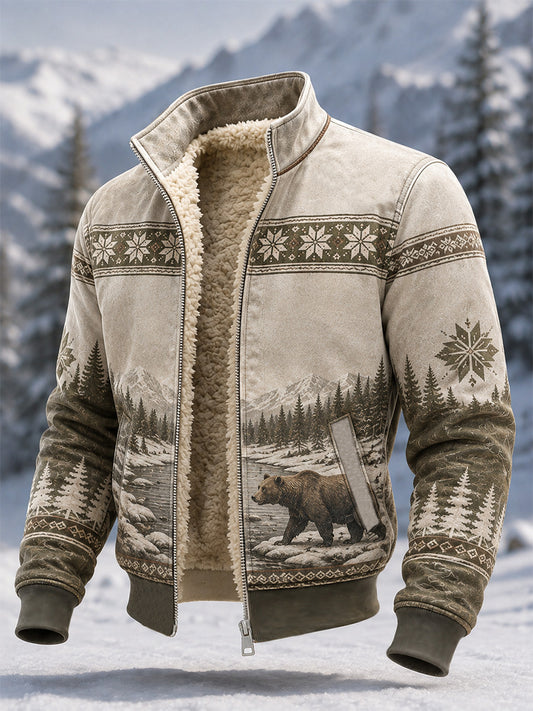 Herrjacka i kompositfleece med vintermotiv av snö och björn, i vardagsstil