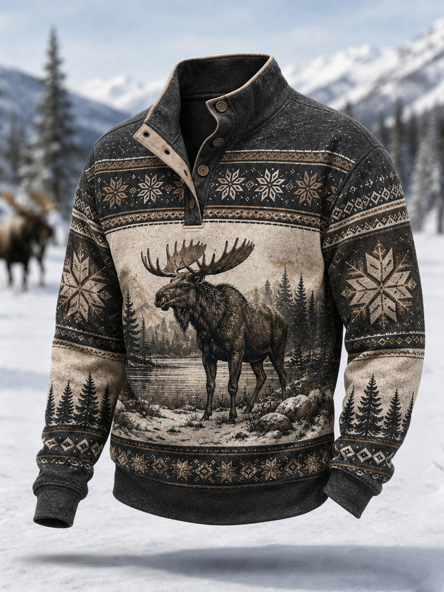 Herrpullover för vintern med älgmönster, vardaglig modell med knappar