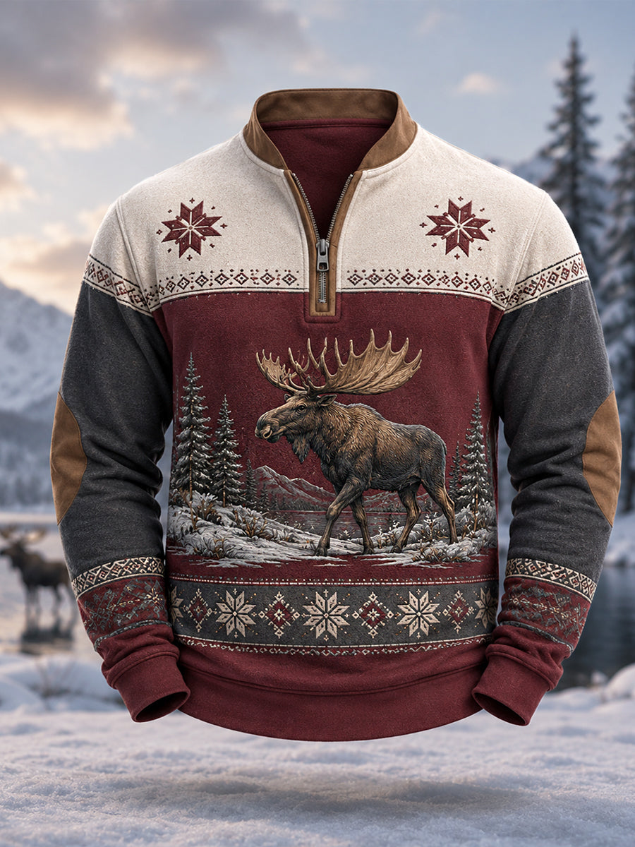 Herrpullover för vintern med älgmönster och dragkedja, i ledig stil