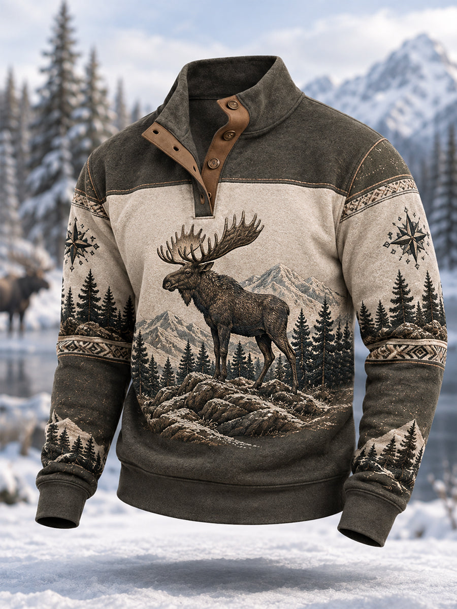 Herrpullover för vintern med älgmönster, vardaglig modell med knappar