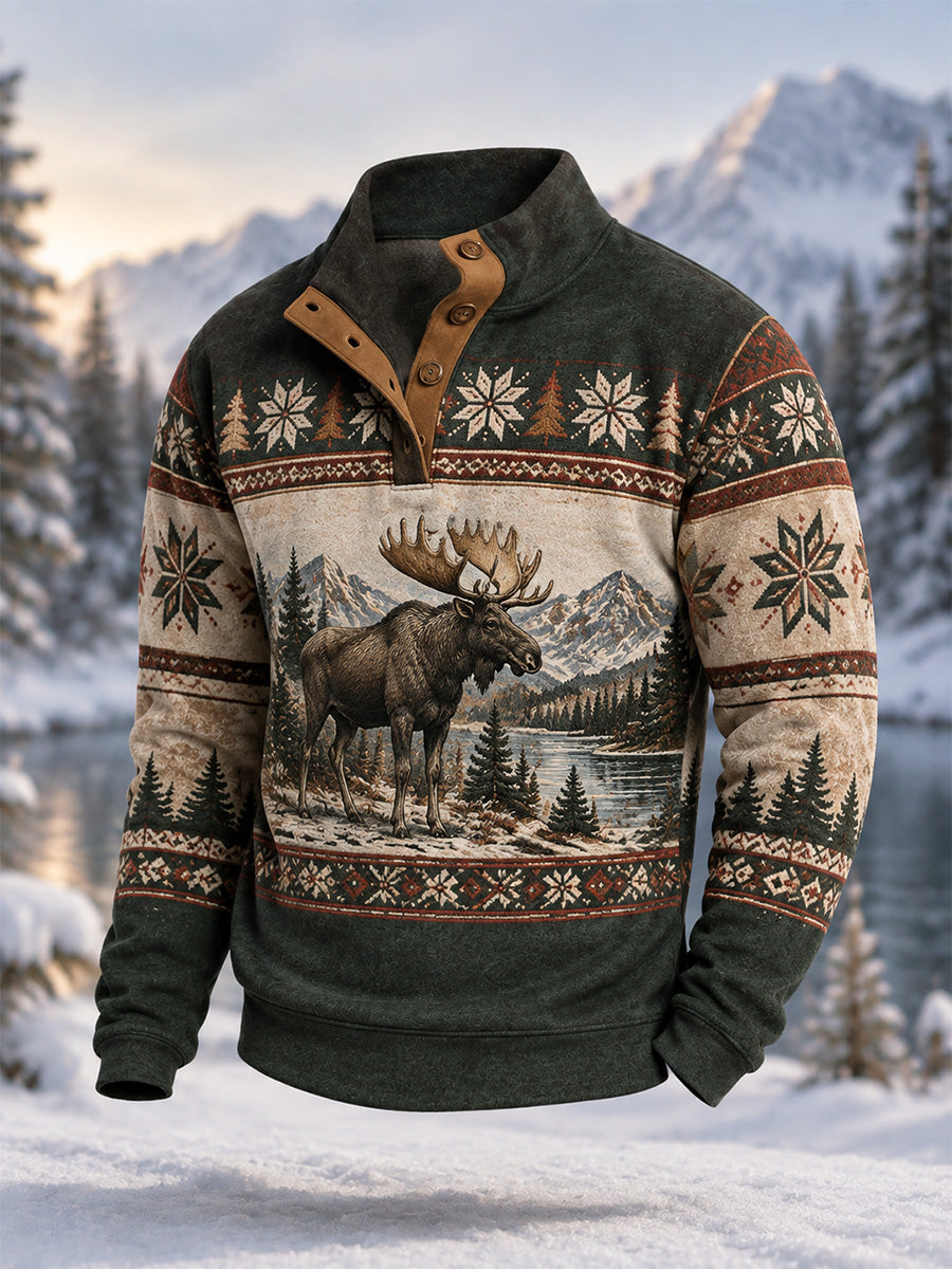 Herrpullover för vintern med älgmönster, vardaglig modell med knappar