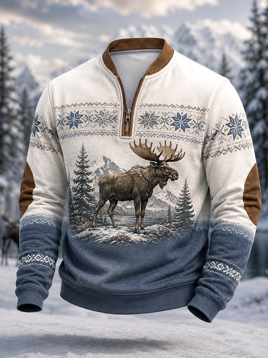 Herrpullover för vintern med älgmönster och dragkedja, i ledig stil