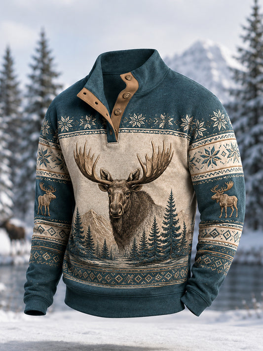 Herrpullover för vintern med älgmönster, vardaglig modell med knappar