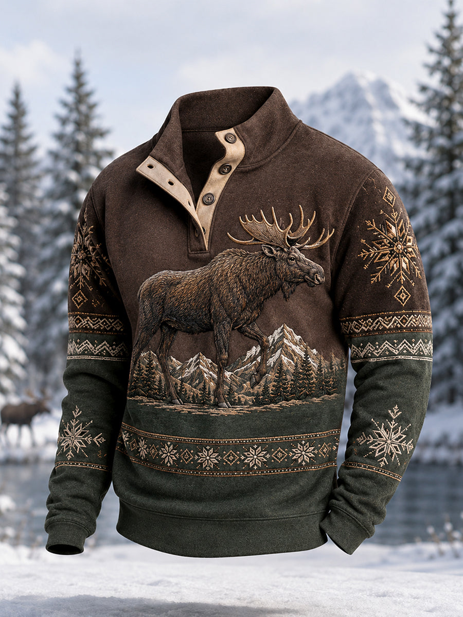 Herrpullover för vintern med älgmönster, vardaglig modell med knappar