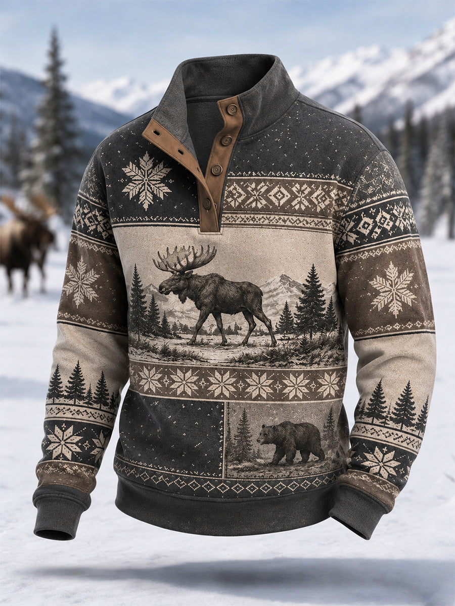 Herrpullover för vintern med älgmönster, vardaglig modell med knappar