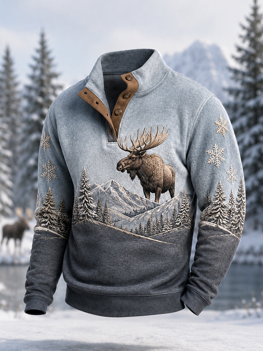 Herrpullover för vintern med älgmönster, vardaglig modell med knappar