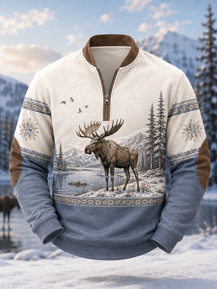 Herrpullover för vintern med älgmönster och dragkedja, i ledig stil