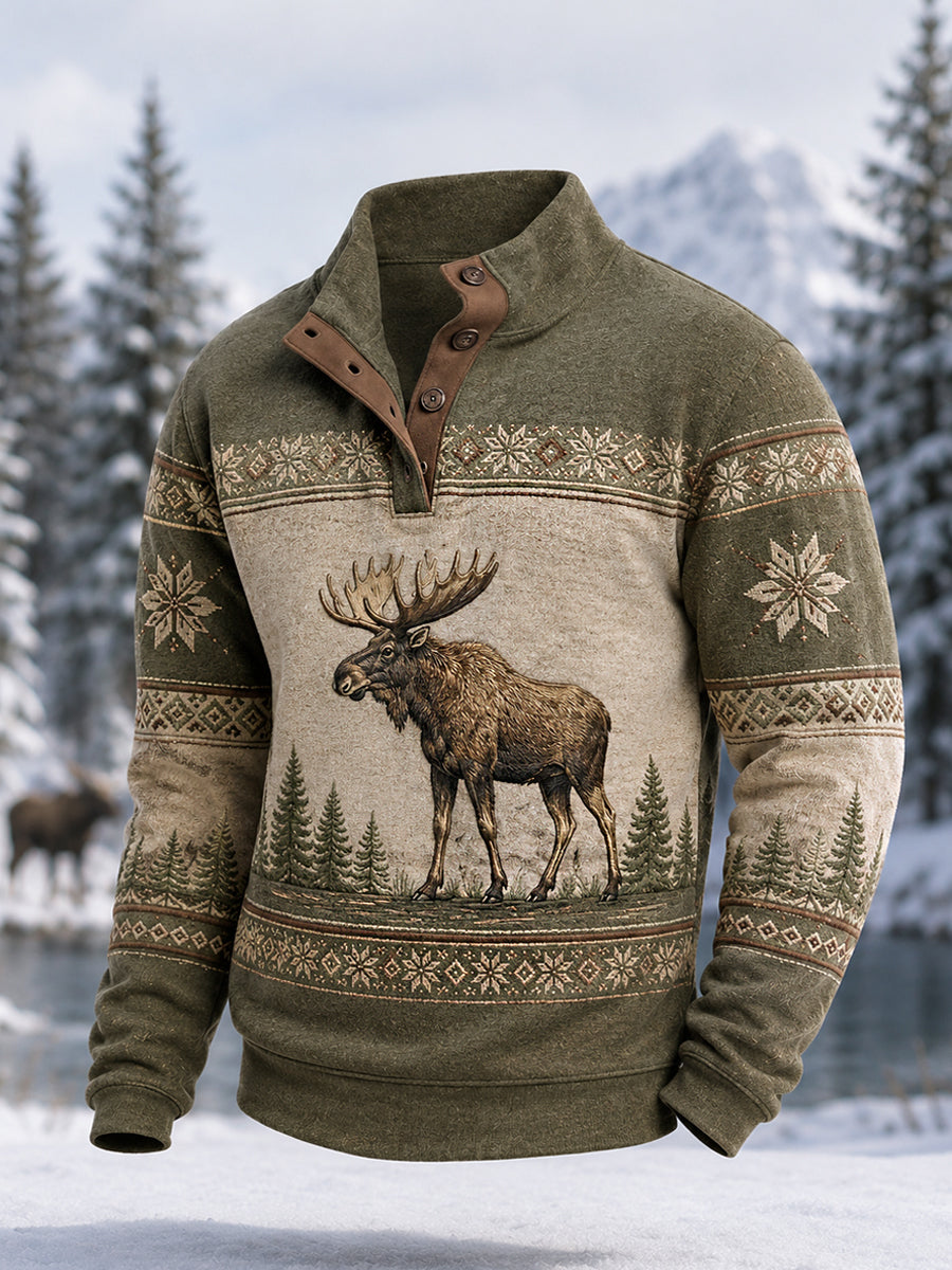 Herrpullover för vintern med älgmönster, vardaglig modell med knappar
