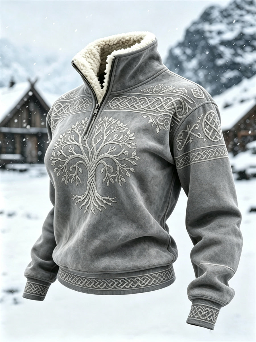 Damsweater i vintagevikingastil med livets träd, keltisk knut och pälskrage
