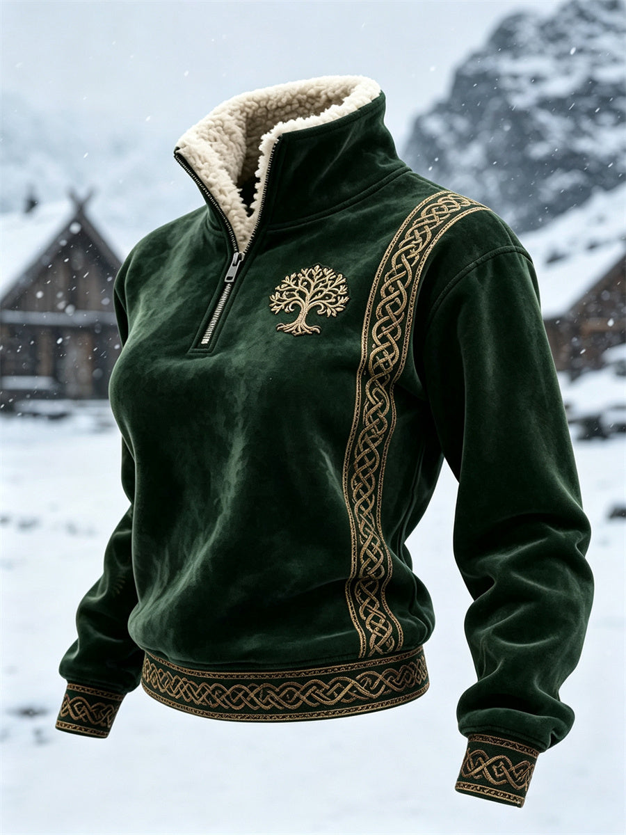 Damsweater i vintagevikingastil med livets träd, keltisk knut och pälskrage
