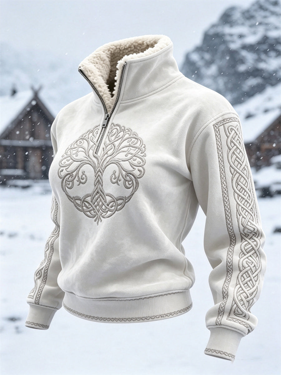 Damsweater i vintagevikingastil med livets träd, keltisk knut och pälskrage