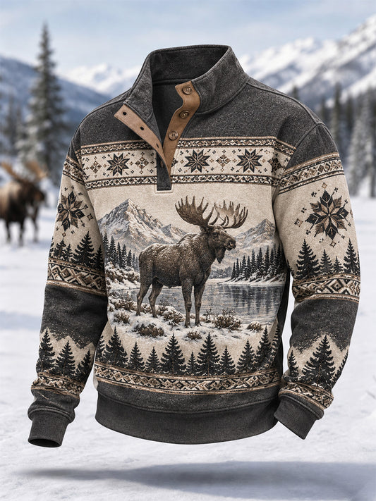 Herrpullover för vintern med älgmönster, vardaglig modell med knappar