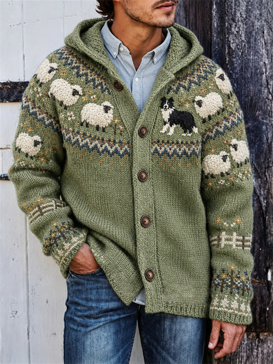Mans Vintage Bondgård Bordercollie & Får Yoke Isle Tryckt Huvtröja med Ficka