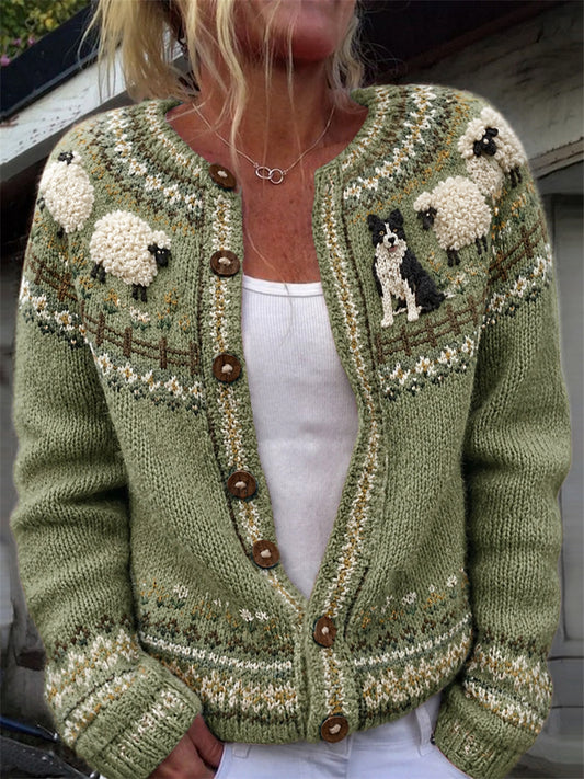 Kvinnlig vintage cardigan med bonde- och bordercollie-motiv samt fluffiga får, öppen i halsen, med tryckt Isle-mönster, mysig och bekväm