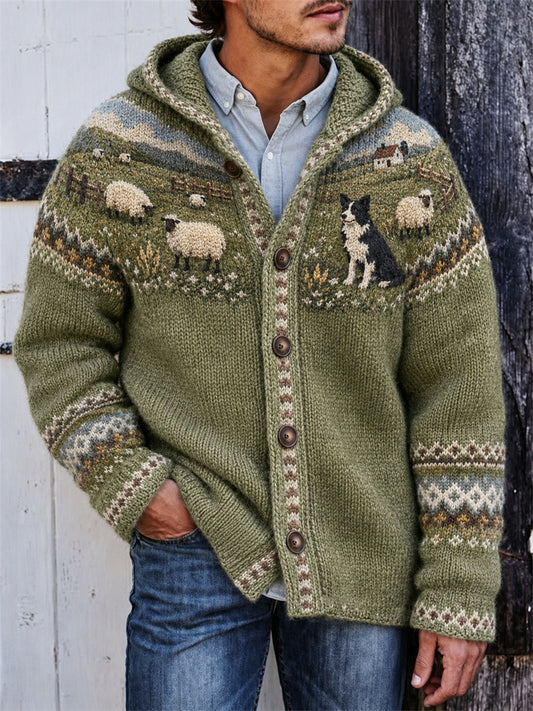 Mans Vintage Bondgård Bordercollie & Får Yoke Isle Tryckt Huvtröja med Ficka