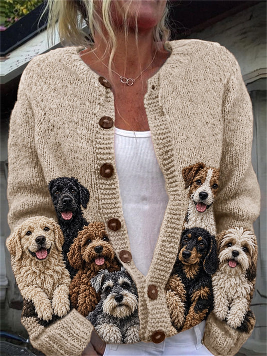 Kvinnors vackra trängsel fuzzy hundar Skriv ut Cardigan-stil sticka jacka