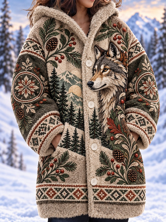 Kvinnors nordiska skogsdjur Tryck Mid-Length Hooded Jacka