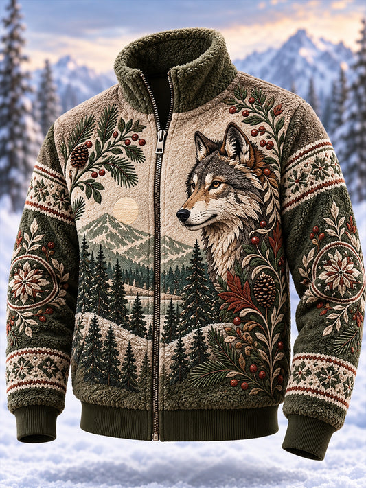 Herrens nordiska skogsdjur utskrift Fleece-Lined Stand-Collar Jacka