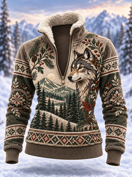 Kvinnors Nordiska Skogsdjur Fleece-Lined Stand-Collar Sweatshirt