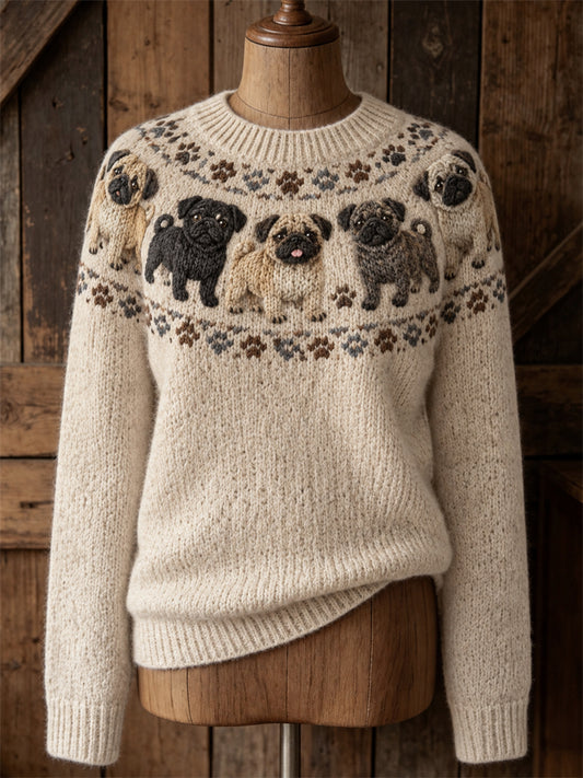 Kvinnors Vintage Pug Dogs Yoke Isle Print Mysig besättning hals tröjar