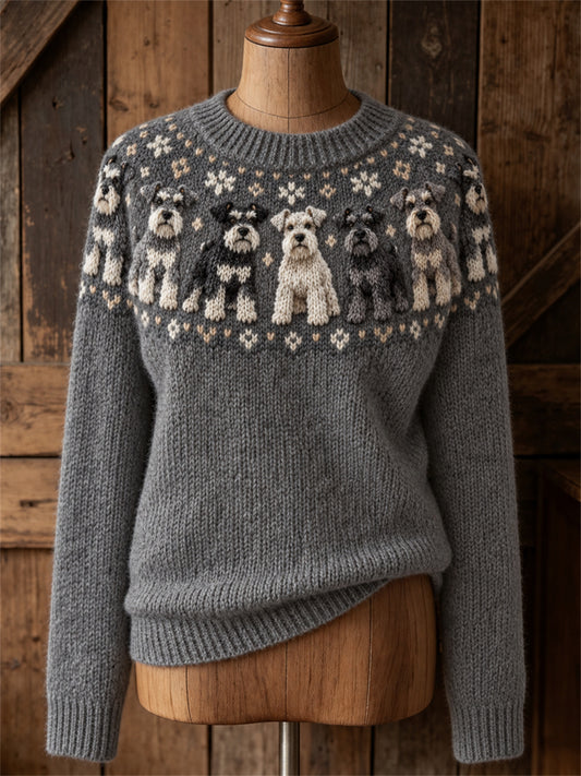 Kvinnors Vintage Schnauzer hundar Yoke Isle Print Mysig besättning hals tröjar