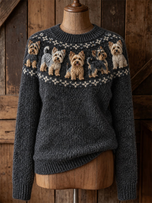 Kvinnors Vintage Yorkie Hundar Yoke Isle Print Mysig besättning hals tröjar