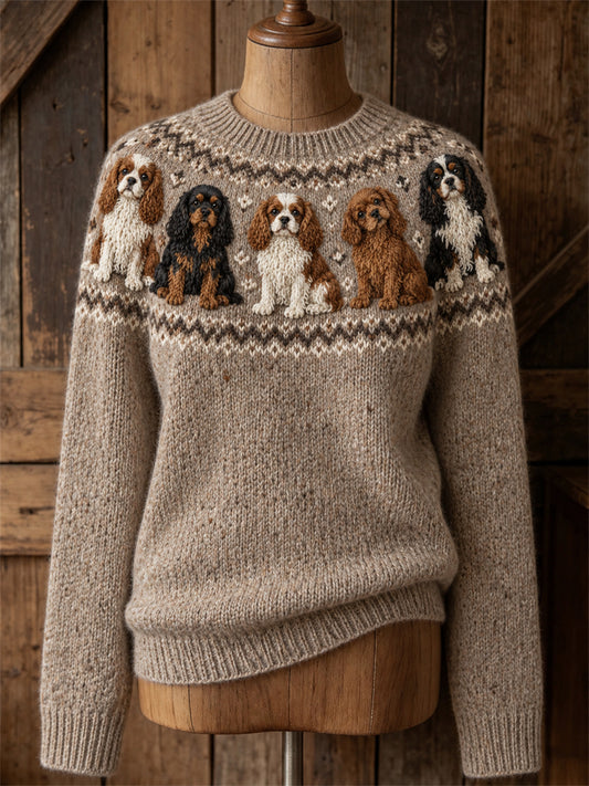 Kvinnors Vintage Cavalier hundar Yoke Isle Print Mysig besättning hals tröjar