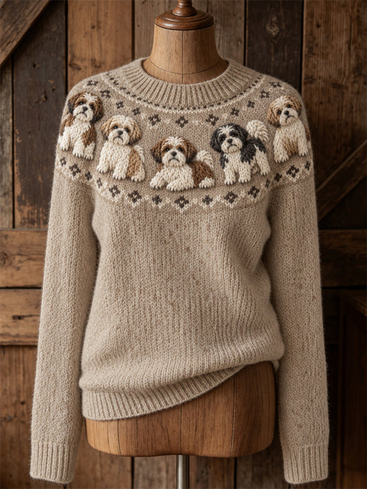 Kvinnors Vintage Shih Tzu Dogs Yoke Isle Print Mysig besättning hals tröjar