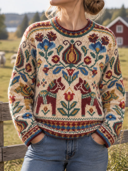 Kvinnors Retro Svenska Landsbygdsstil Dala Hästträkar