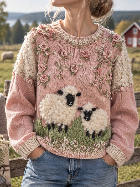 Kvinnors Retro Country Farm Får och blomster tröjar