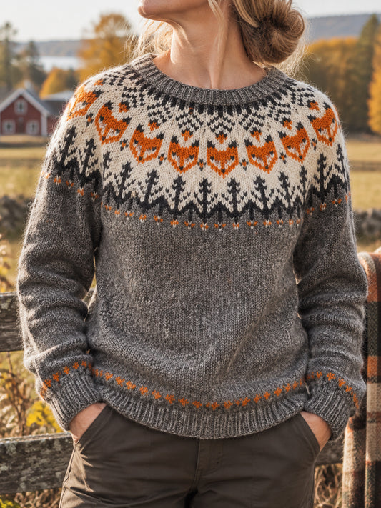 Kvinnors vintage land-stil räv-Print sticka tröjar