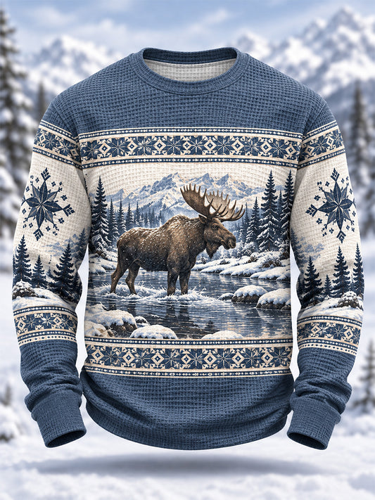 Mäns vinter Moose Print Casual våffle Lång ärm T-shirt