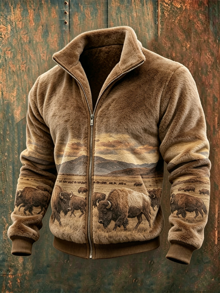 Mans Vintage Flanelljacka med Buffalo-landskapsmönster och genomgående dragkedja, mysig stil