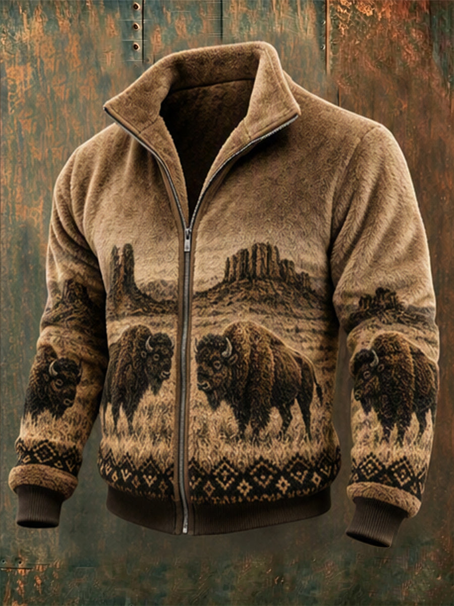 Mans Vintage Flanelljacka med Buffalo-landskapsmönster och genomgående dragkedja, mysig stil