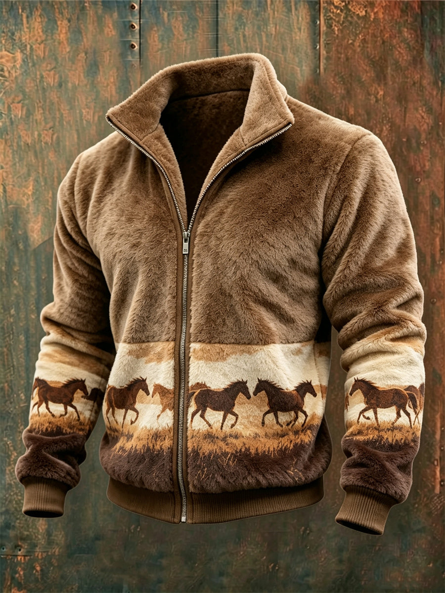Mans Vintage Hästar Landskapstryck Mysig Flanelljacka med Hel Dragkedja