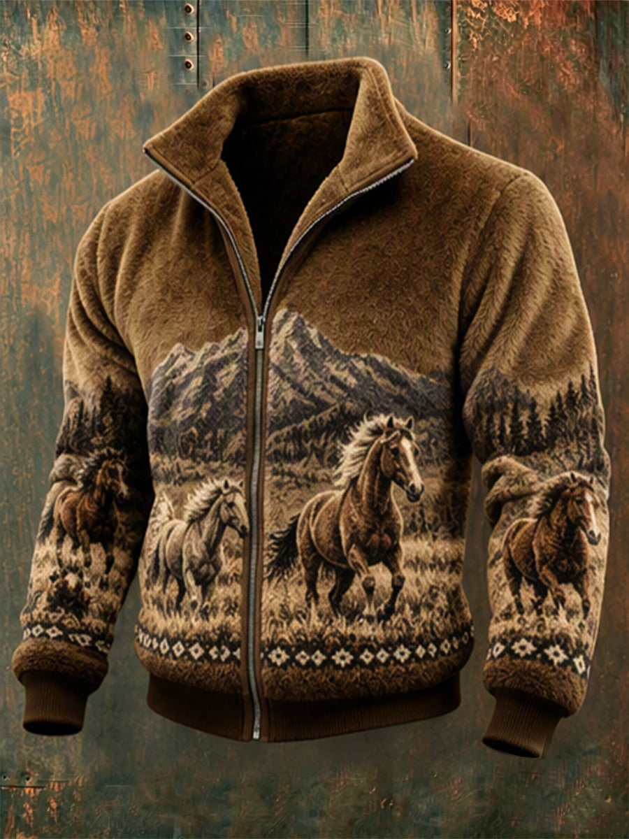 Mans Vintage Hästar Landskapstryck Mysig Flanelljacka med Hel Dragkedja