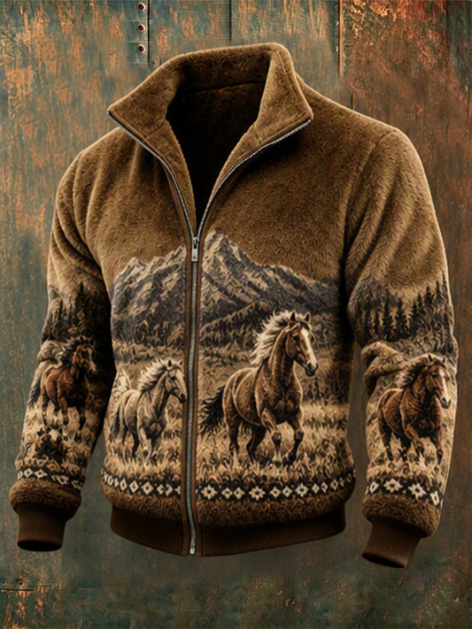 Mans Vintage Hästar Landskapstryck Mysig Flanelljacka med Hel Dragkedja