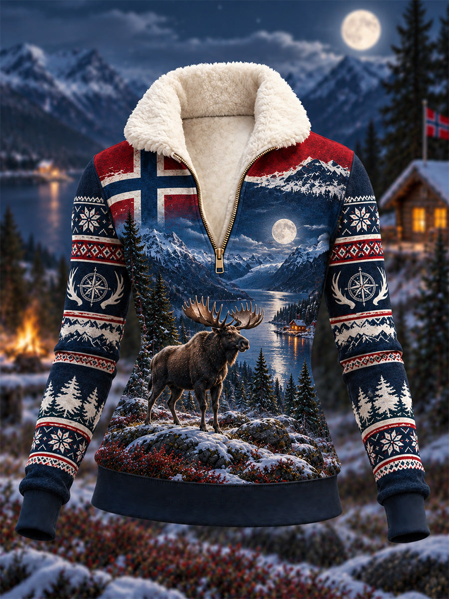 Damegenser med trykk av elgjakttid i Norge, komposittfleece med hette