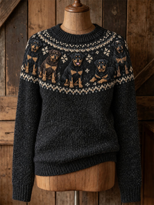 Kvinnlig vintage-tröja med rund hals och tryck av Rottweilerhundar från Yoke Isle