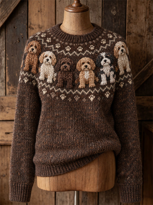 Vintage-damtröja med tryckt motiv av Cockapoo-hundar och Yoke Isle, rund hals