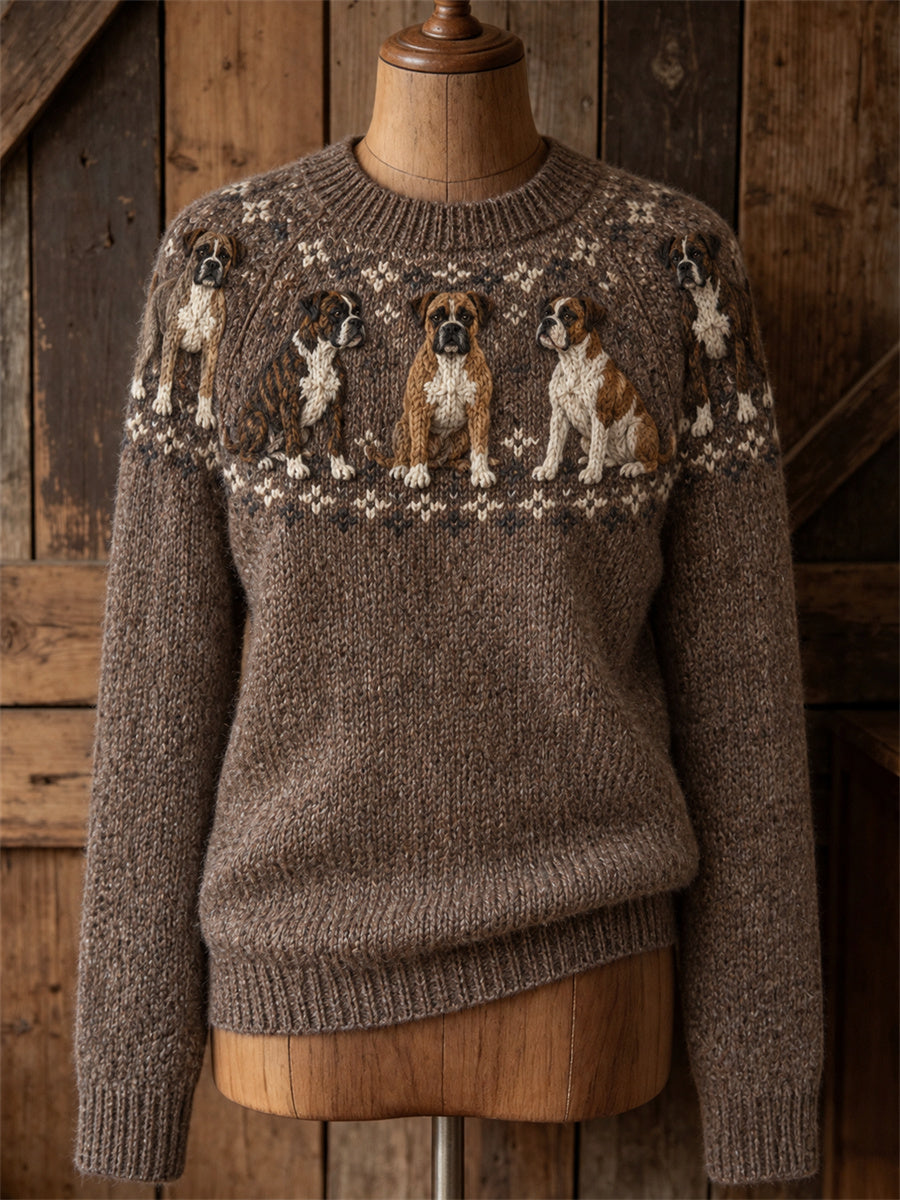 Damtröja i vintagestil med boxershundar och Yoke Isle-mönster, rund hals