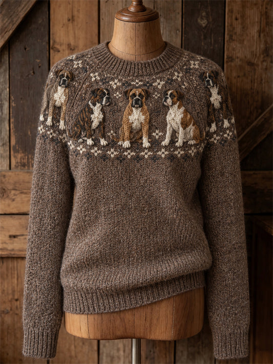 Damtröja i vintagestil med boxershundar och Yoke Isle-mönster, rund hals