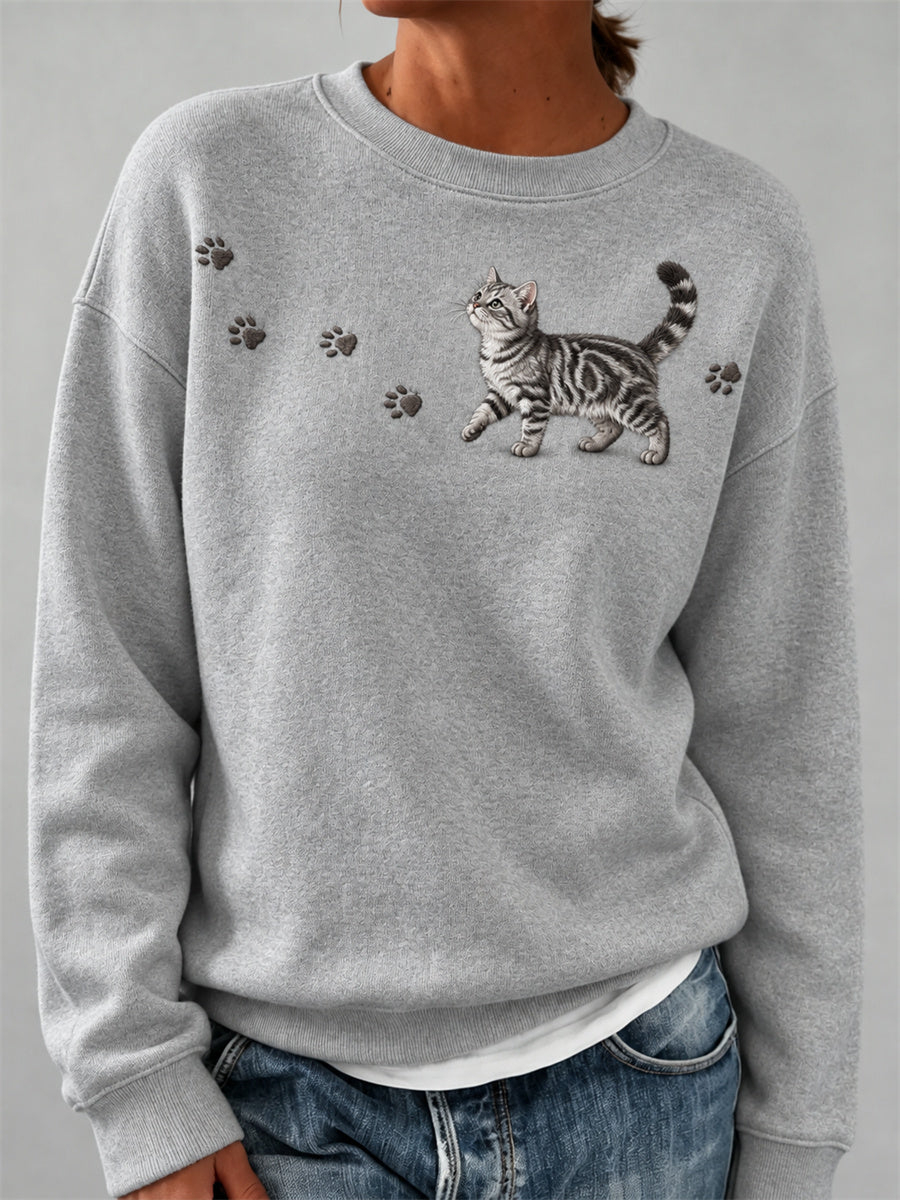 Kvinnors ljuvlig Fuzzy American Shornog Katt & Tass Print Skriv ut Sweatshirt