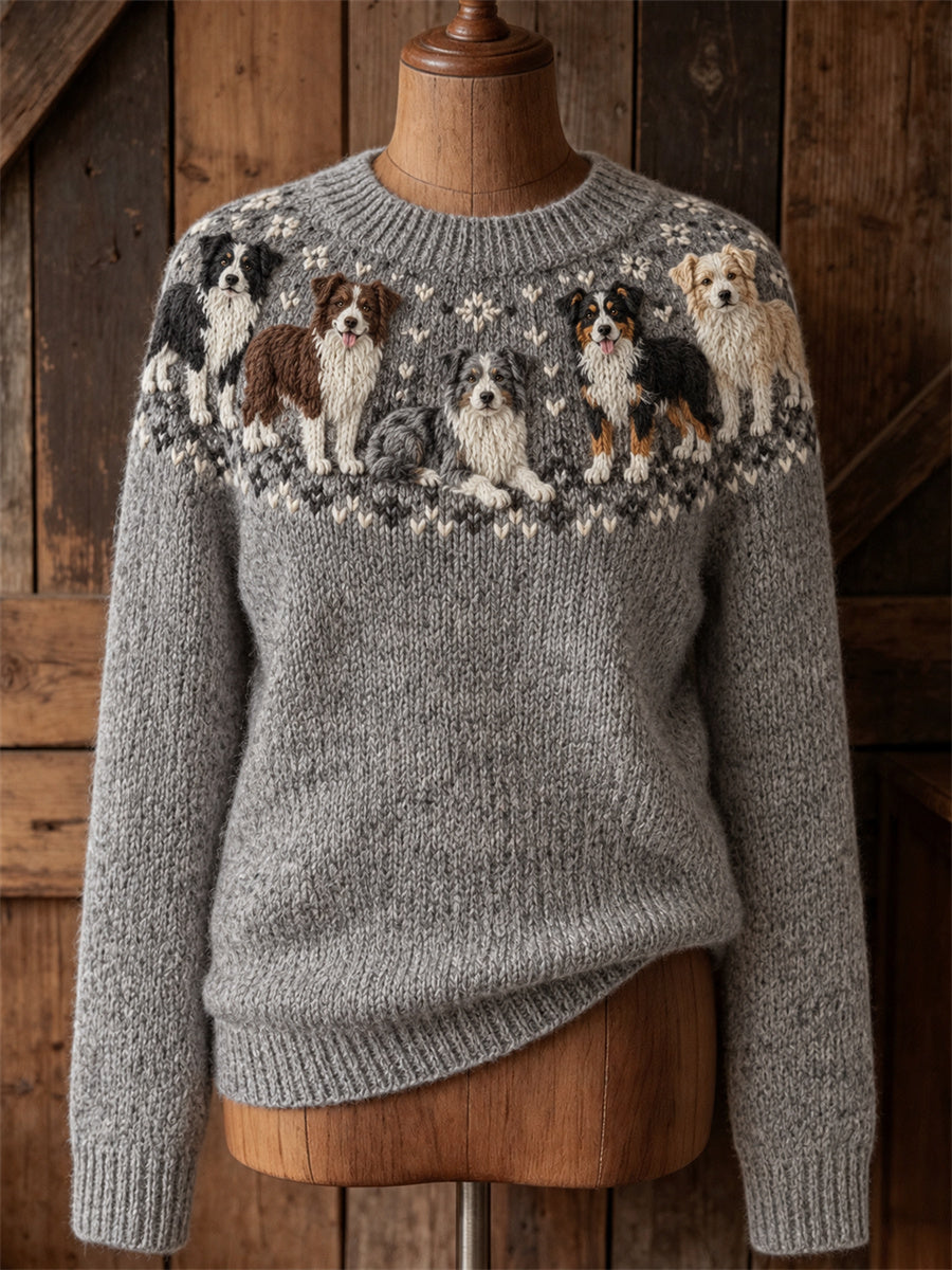 Kvinnlig vintage-tröja med rund halsringning, tryck med Border Collie-hundar och Yoke Isle-mönster