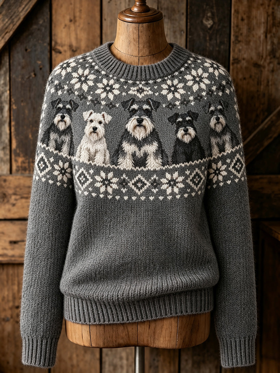 Kvinnlig vintage tröja med söt hund- och tassmönster och långa ärmarna
