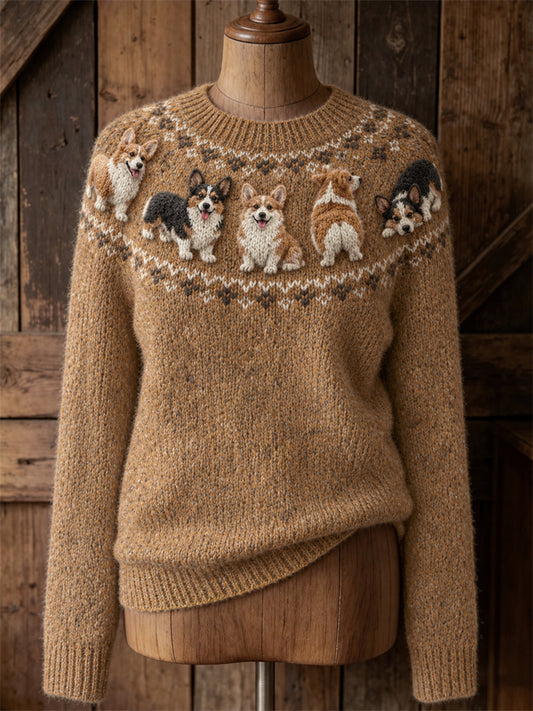 Kvinnlig vintage söt tröja med rund hals och tryck av Corgi-hundar från Yoke Isle