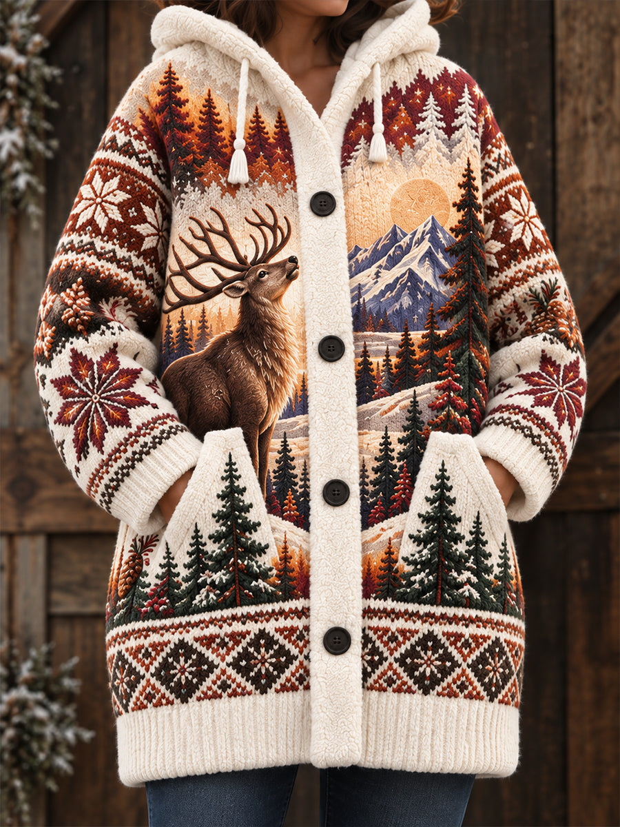 Dams jacka med nordiskt djurmönster, halvlång och med huva