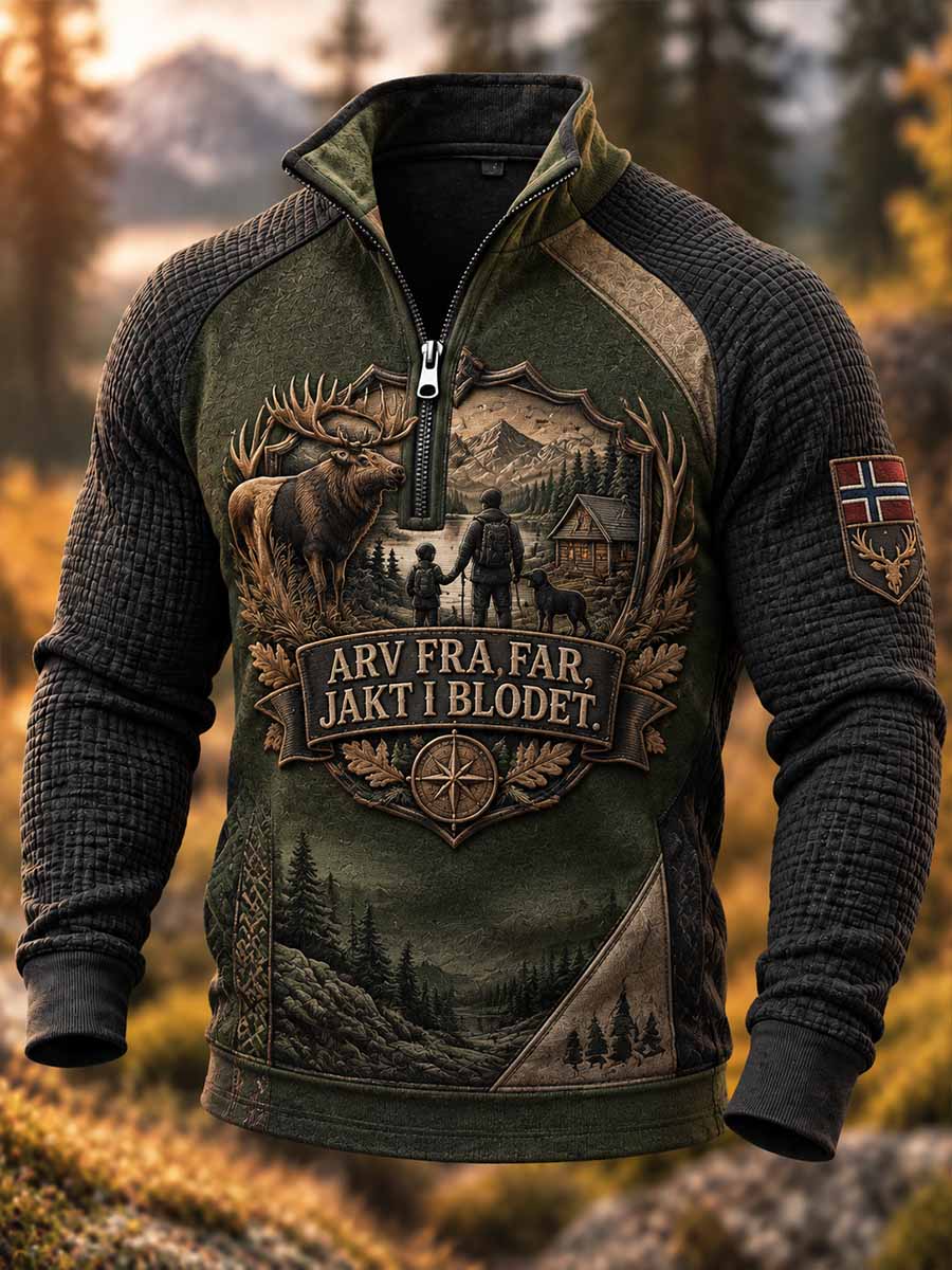 Vintage genser med jaktmotiv for far og sønn, til menn