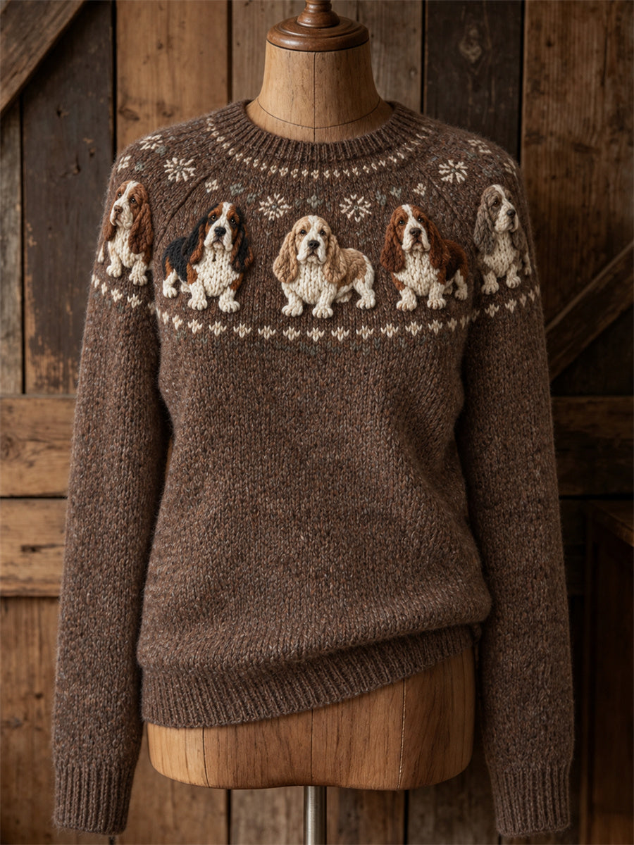 Damtröja med rund halsringning, vintagemönster med Basset Hound-hundar från Yoke Isle